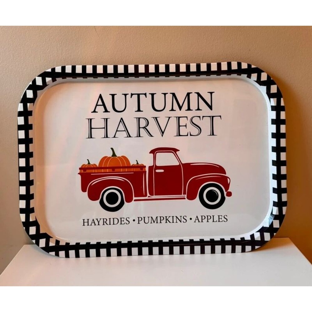Fall Autumn Harvest Truck Buffalo Plaid Farmhouse Tray